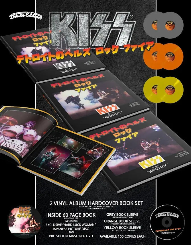 KISS - Detroit 77 Mediabook Boxset - Includes 2LP Colored Vinyl (Gray, Orange or Yellow), Pro Shot Concert DVD, Hard Luck Woman Picture Disc and 60 Page Book - Limited to 100 Copies - STUNNING!!!